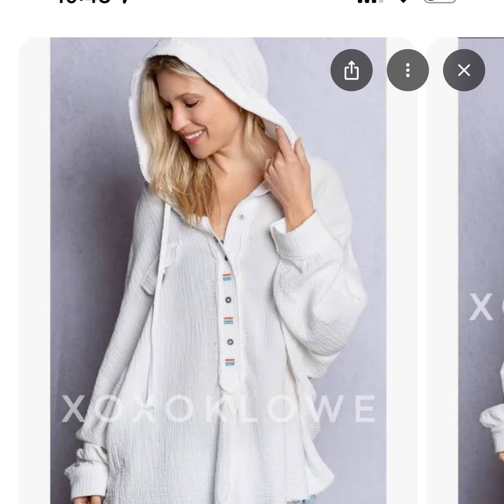 POL Off White Cotton Half Button Long Sleeve Hoodie